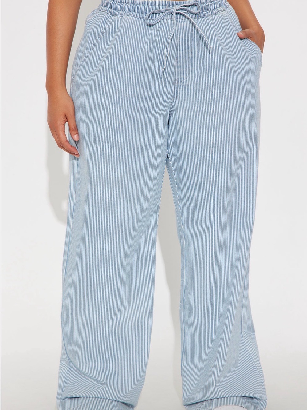 Light Blue Striped Wide-Leg Drawstring Jeans